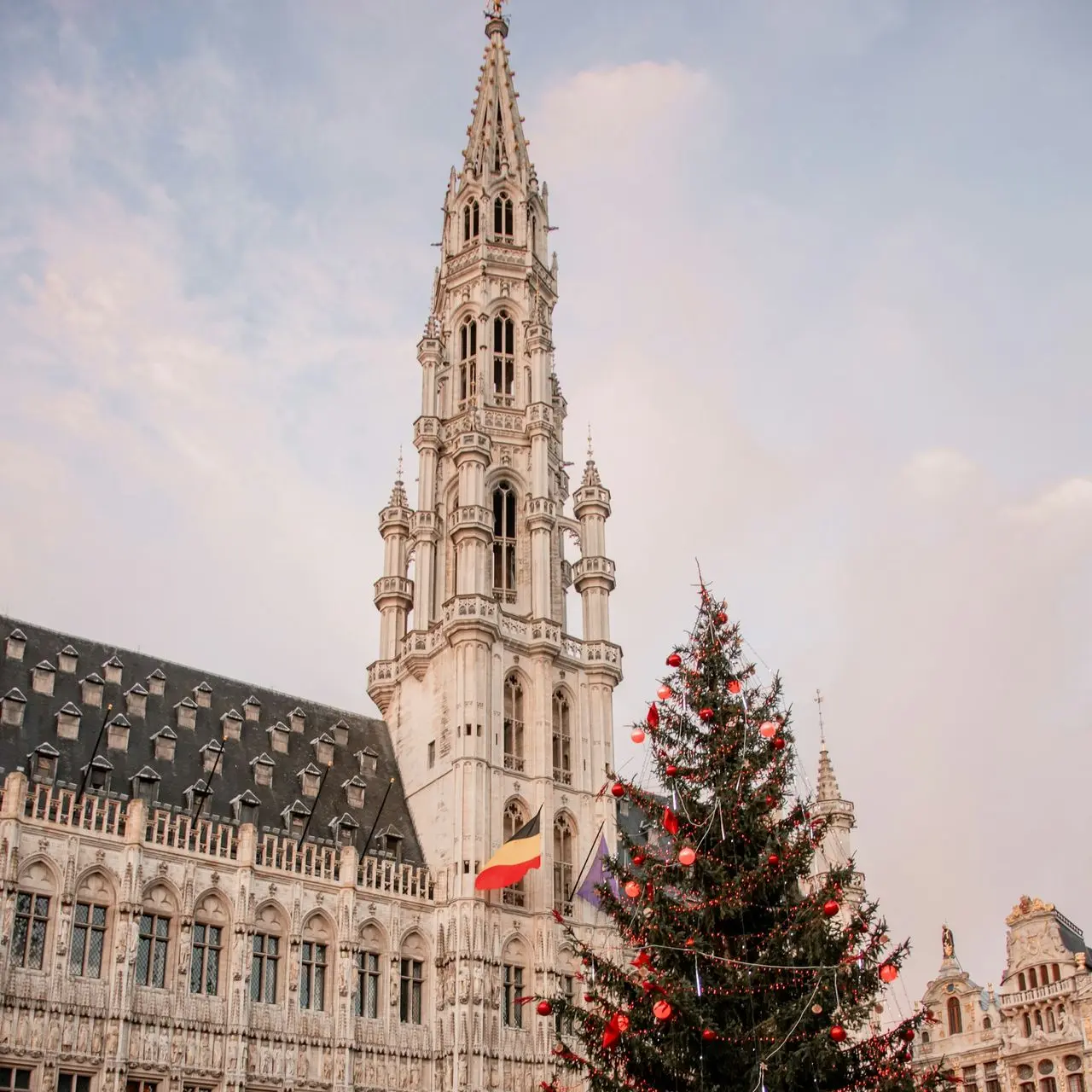 a large building with a tall tower and a tree in front of it with New Town Hall in the background
